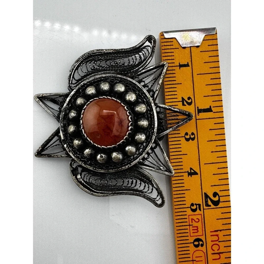 Vintage Egyptian Silver Filigree Carnelian Brooch Pendant Handmade Lotus Jewelry